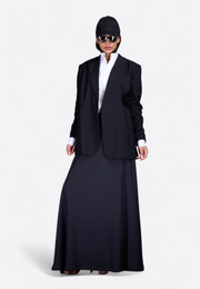 Flower-embellished black blazer, front close-up – East Vibe